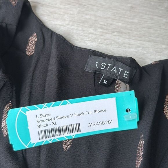 1. State smocked sleeve V-neck foil blouse, black size XL stitch fix nwt - Picture 5 of 5
